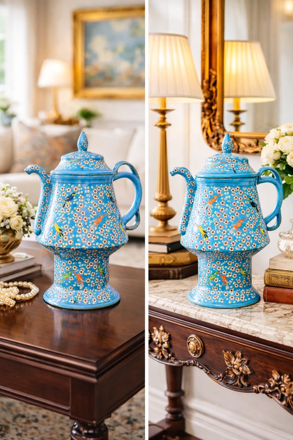 Handcrafted Kashmiri paper mache samavar with gold finish and hand-painted floral and bird motifs for luxury home décorative